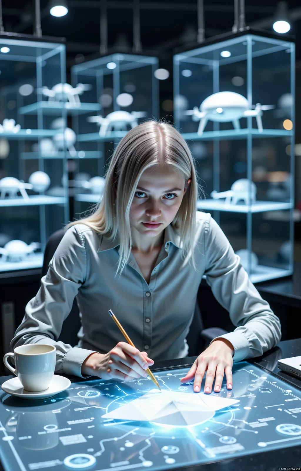 A woman is working at a futuristic desk with a digital interface, using a stylus.