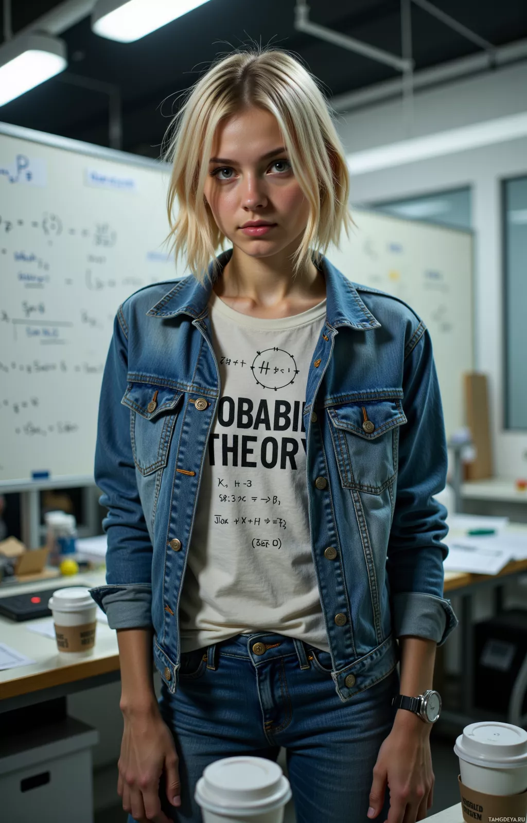 A person stands in a room with a whiteboard, wearing a denim jacket and a graphic t-shirt.
