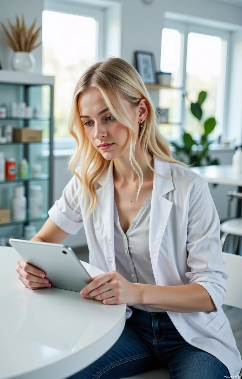 A woman in a white shirt and jeans sits at a table, holding a tablet.