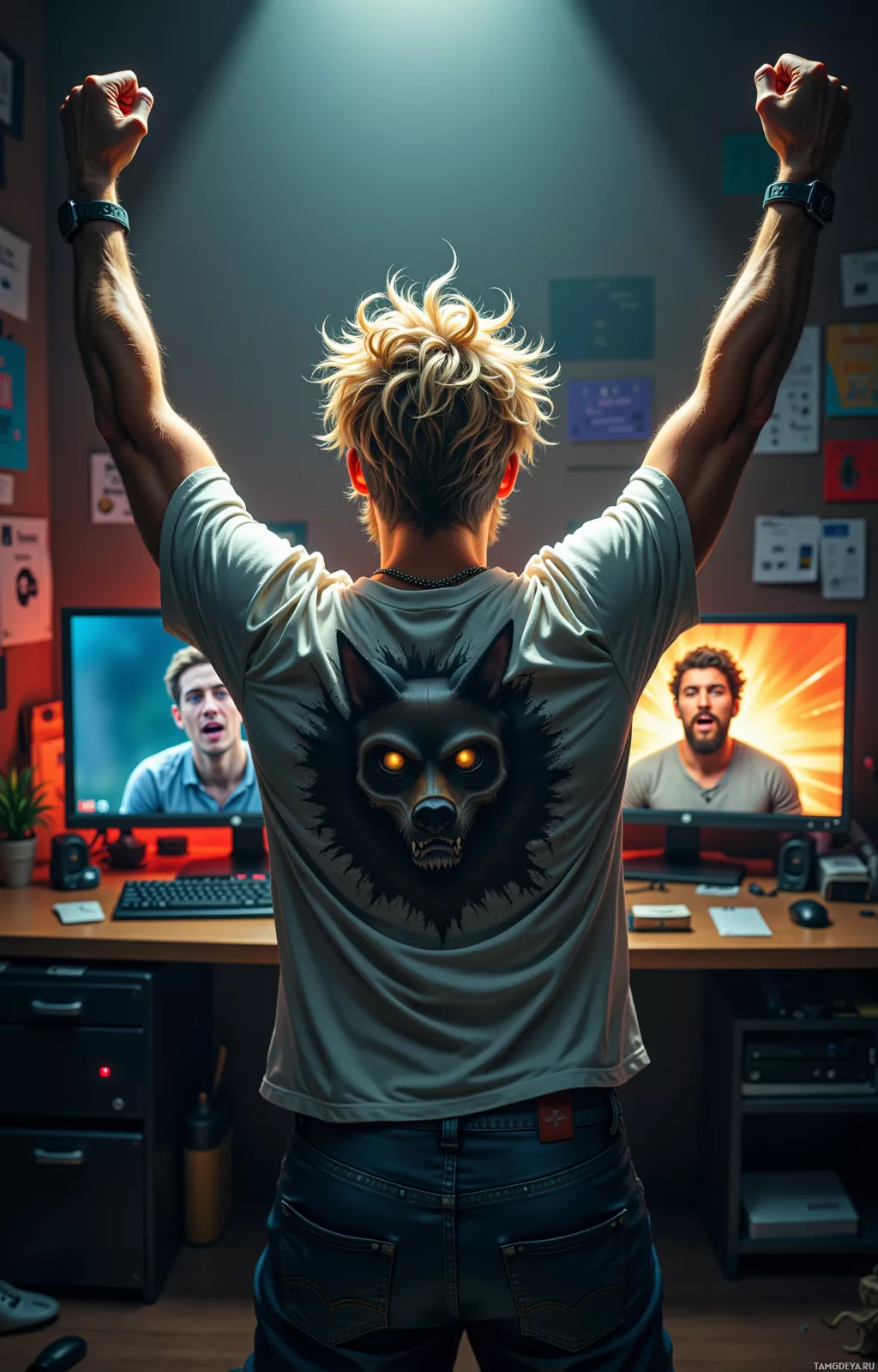 A person celebrates with arms raised in a room with a computer setup and a wolf graphic on their shirt.