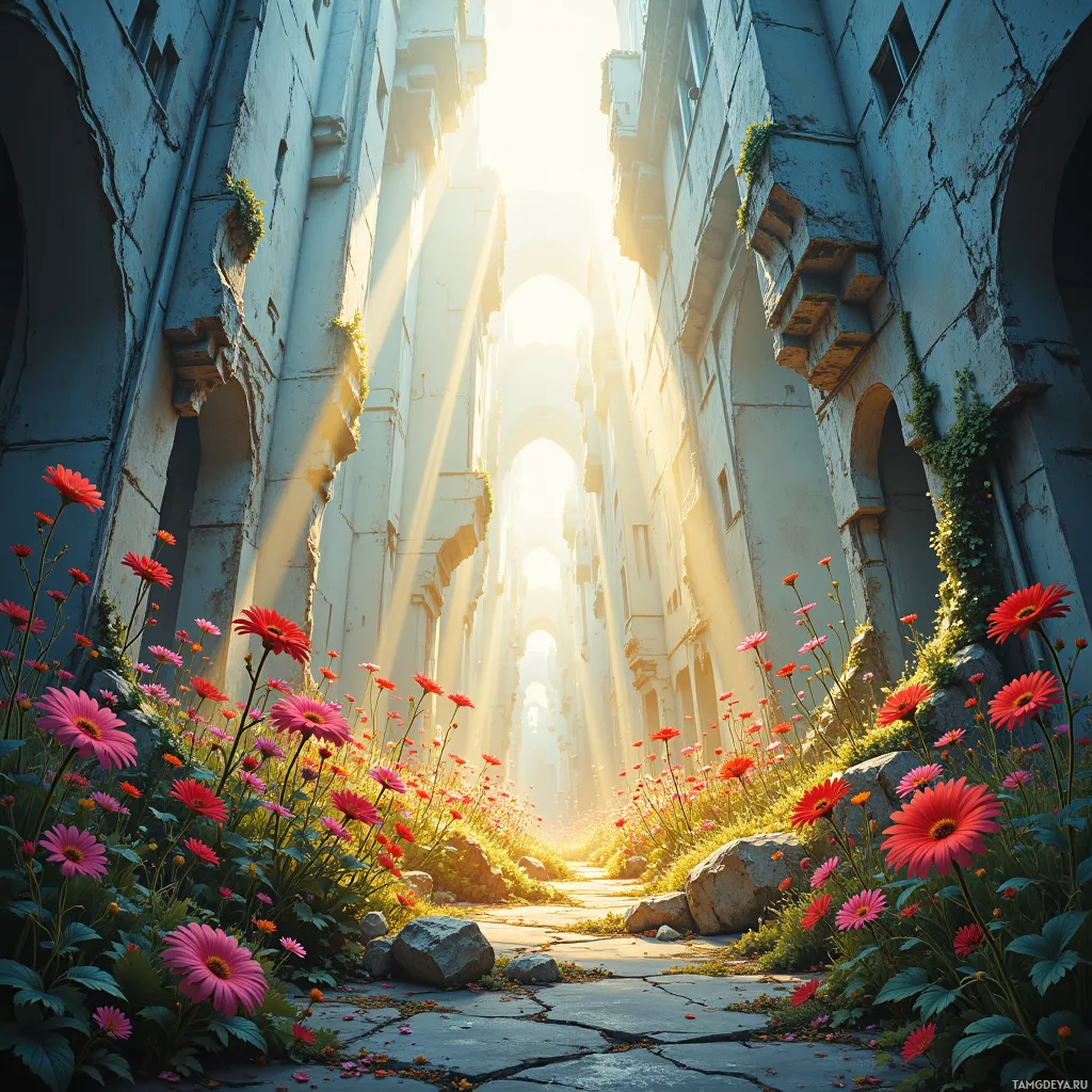A sunlit path through an old, overgrown building with vibrant flowers in the foreground.