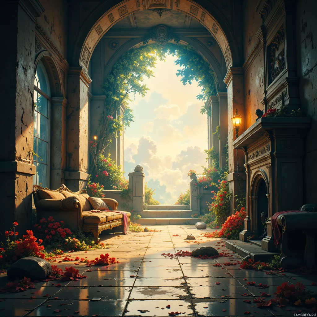 A serene courtyard with a couch, flowers, and an arched doorway leading to a bright sky.
