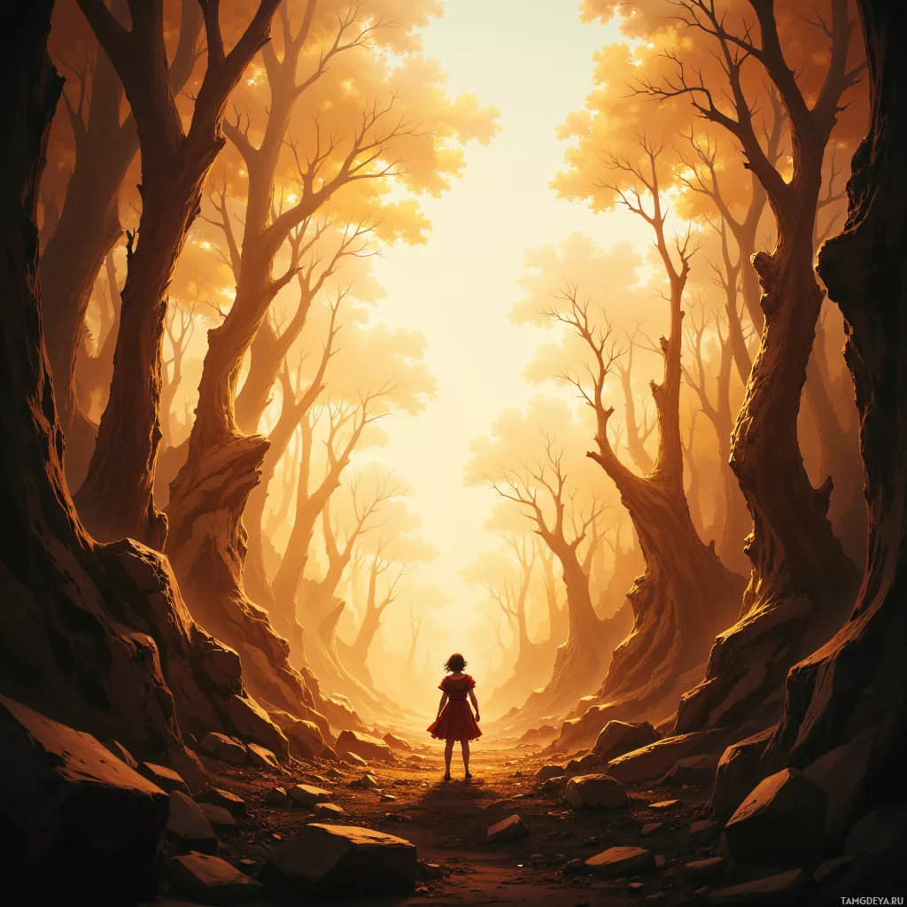 A lone figure in a red dress stands at the entrance of a forest path, bathed in golden light.