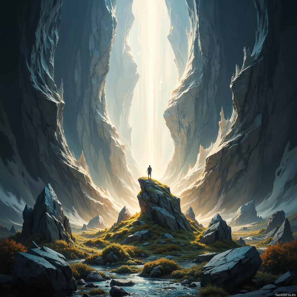 A lone figure stands atop a rocky outcrop in a vast, sunlit canyon.