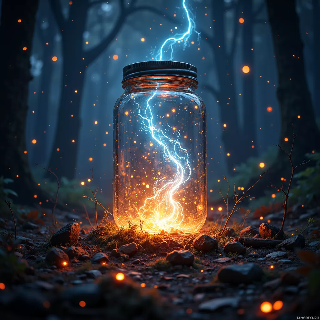A glowing jar with lightning and sparks inside, set in a forest.