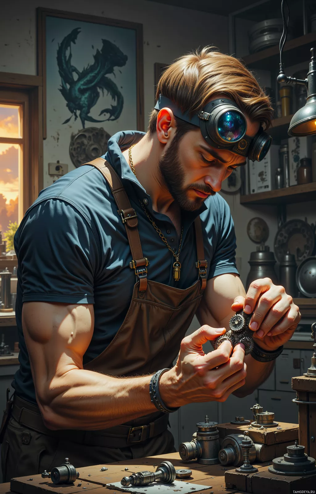 A man wearing goggles and an apron is working on a mechanical device in a workshop.