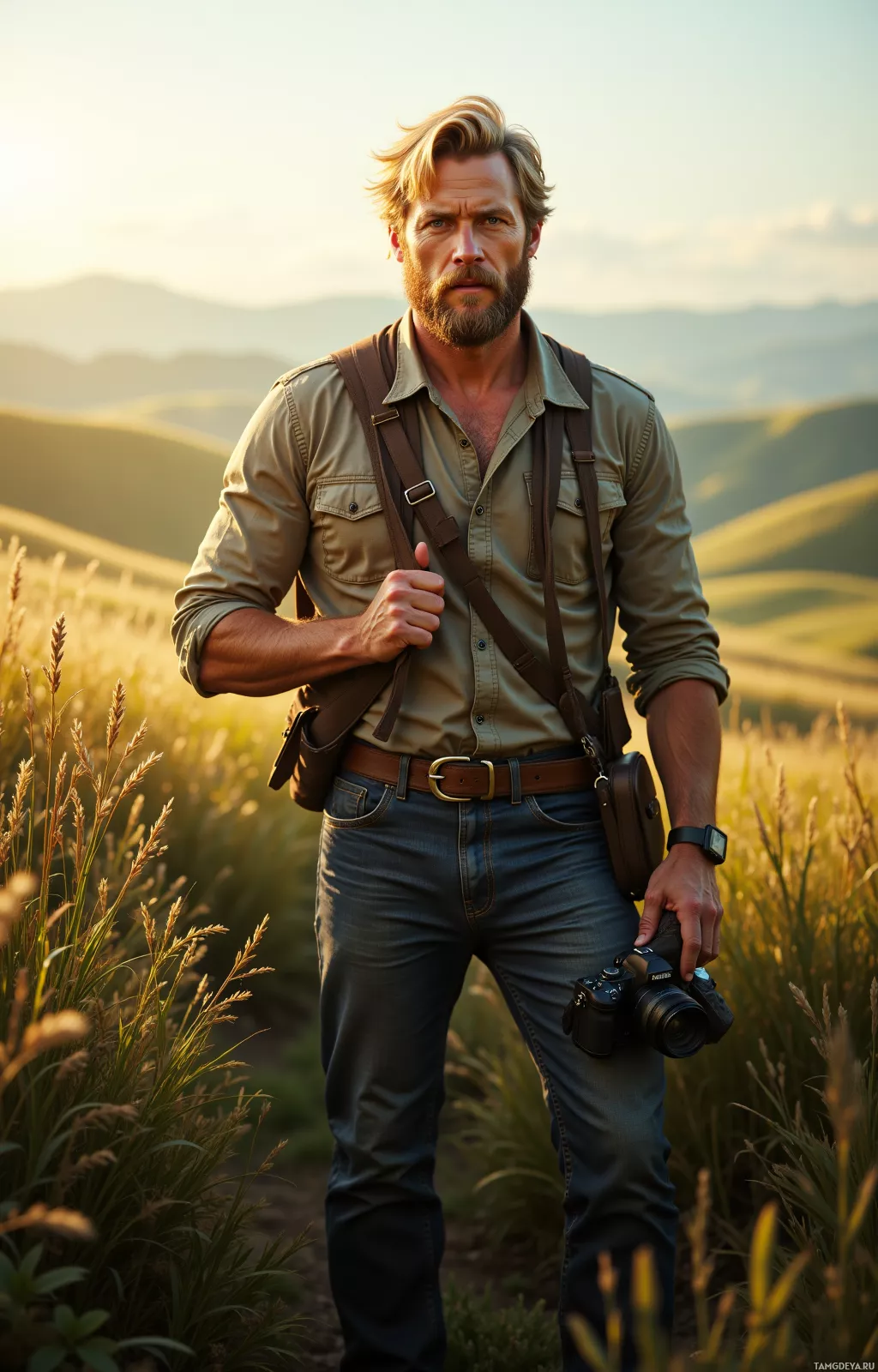A man stands in a field, holding a camera, with a scenic mountain backdrop.