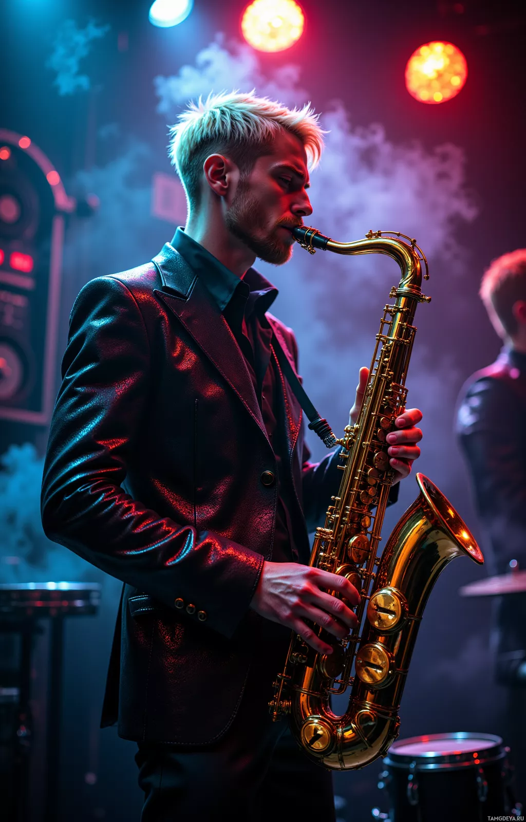 A musician plays a saxophone on stage under colorful stage lights.