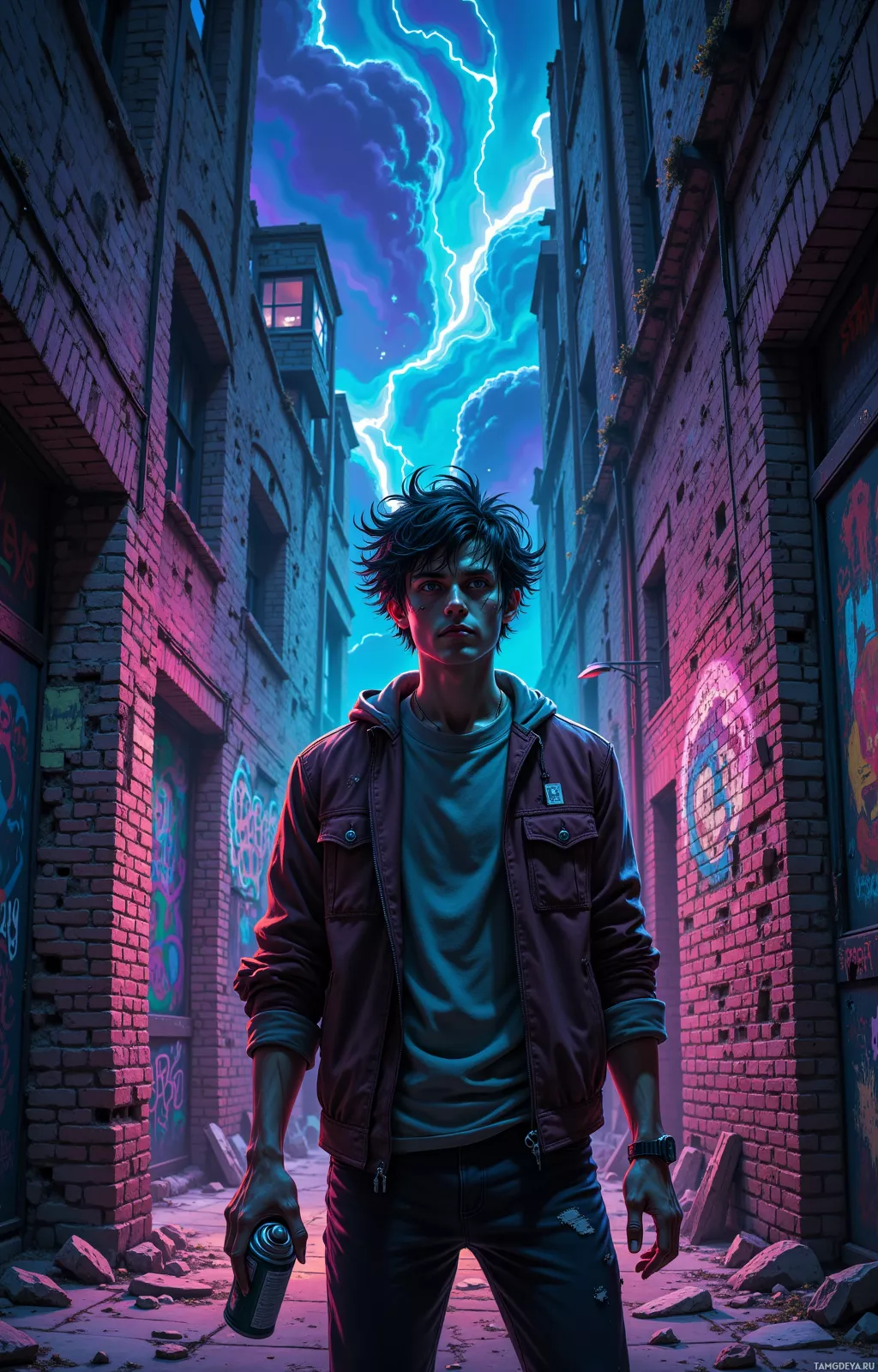 A young man stands in a dimly lit alleyway, holding a spray can, under a dramatic sky with lightning.