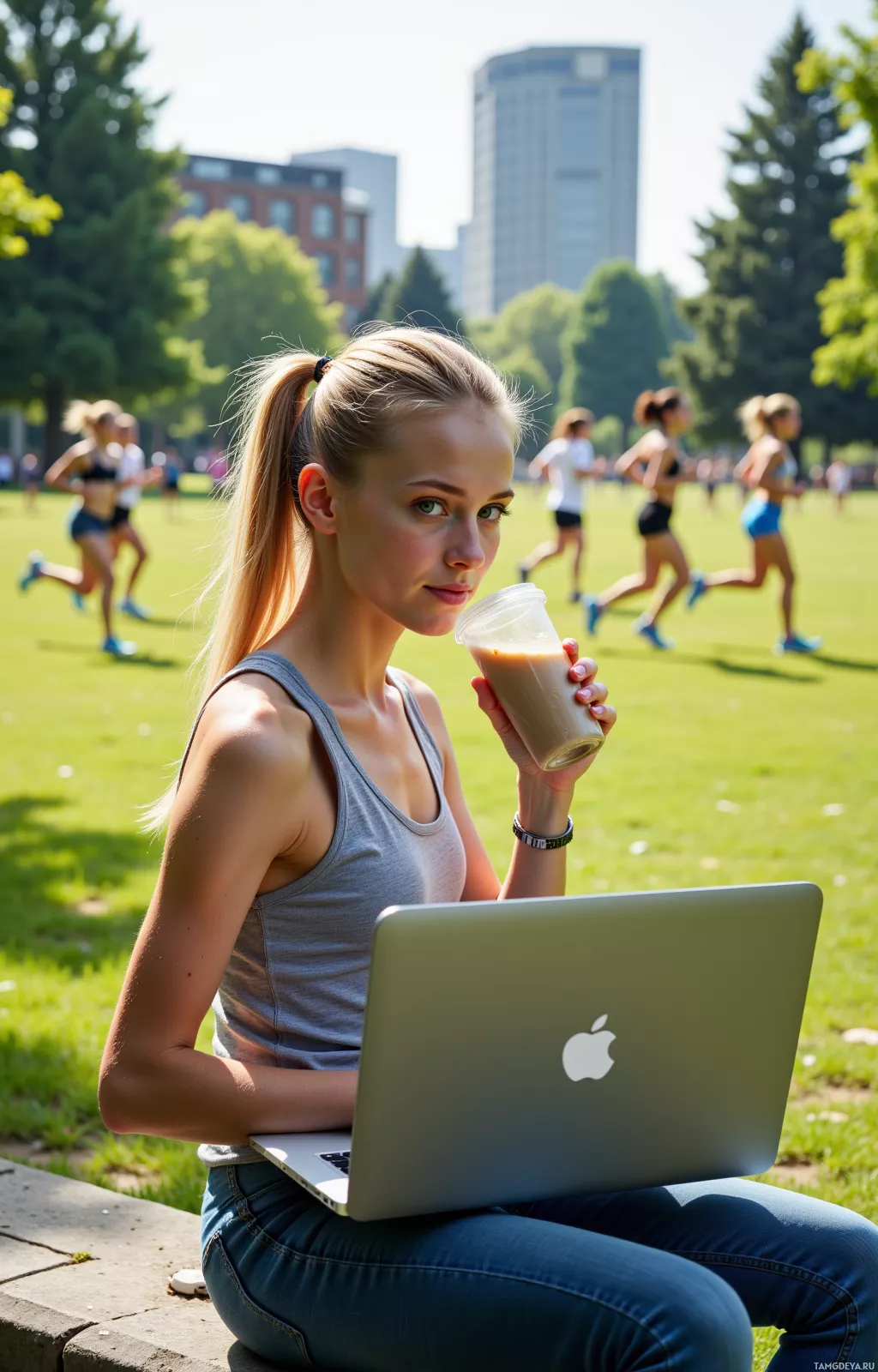 A woman sits on a bench in a park, holding a drink and using a laptop.