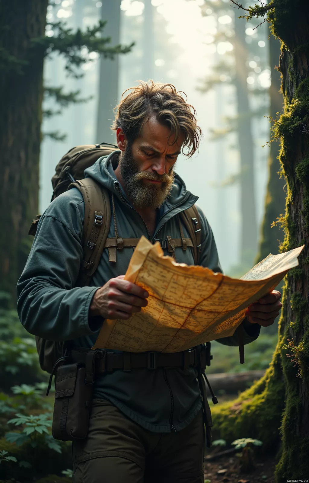 A man in a forest, wearing a backpack and holding a map, appears focused and determined.