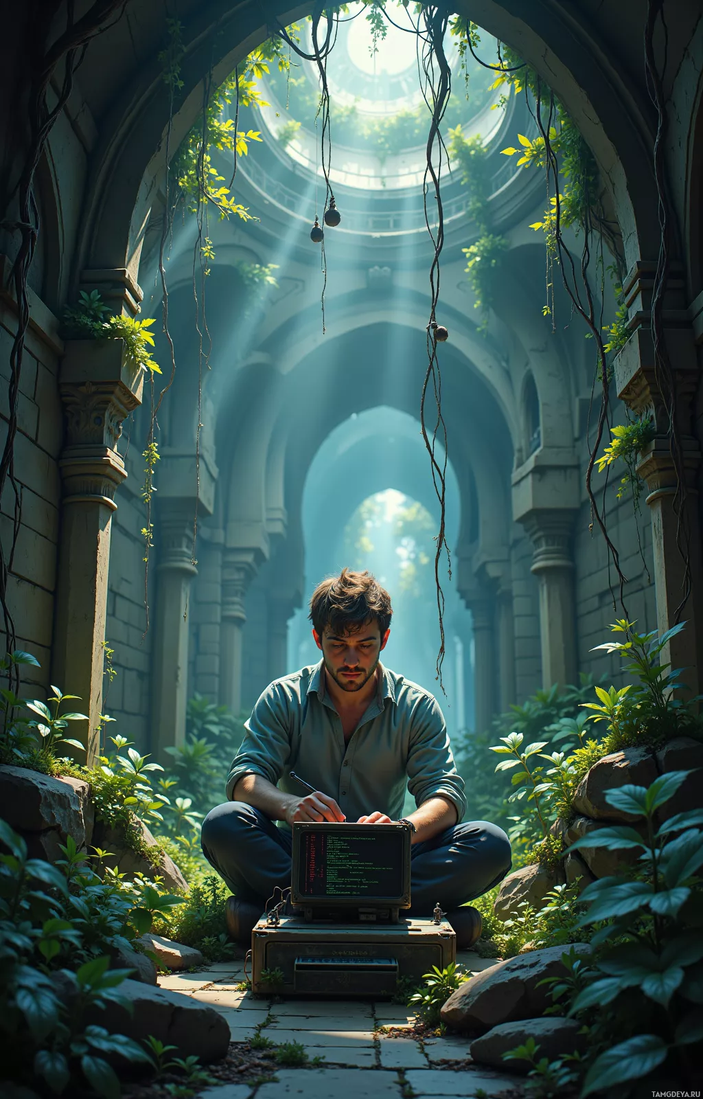 A man sits cross-legged in a lush, sunlit garden, working on a vintage computer.