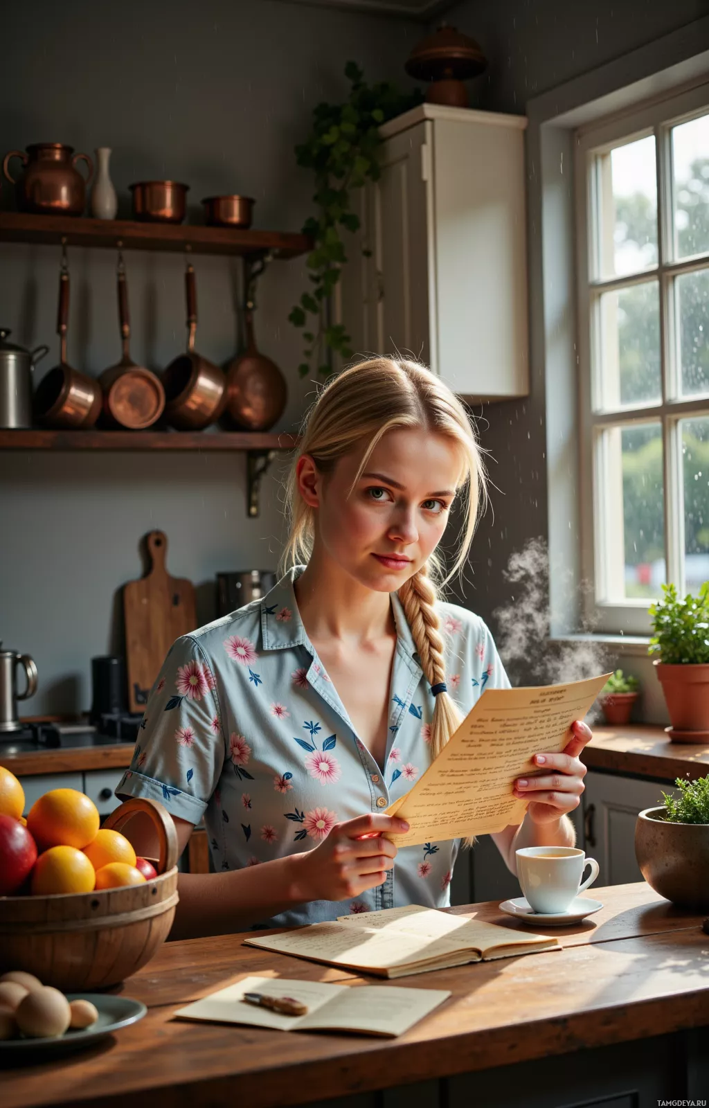 A woman in a floral shirt reads a recipe in a kitchen with a window and hanging pots.