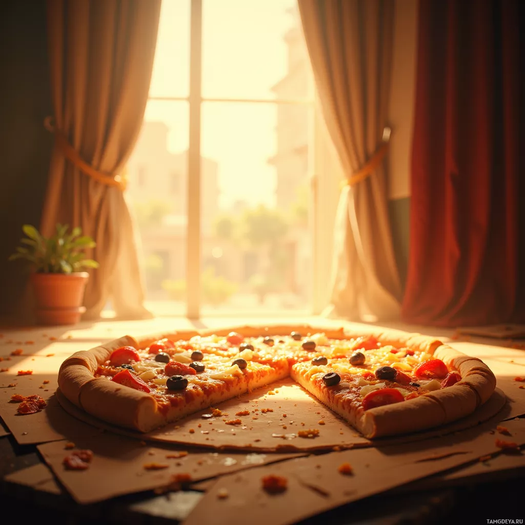 A freshly baked pizza sits on a table in front of a bright window with sunlight streaming through.