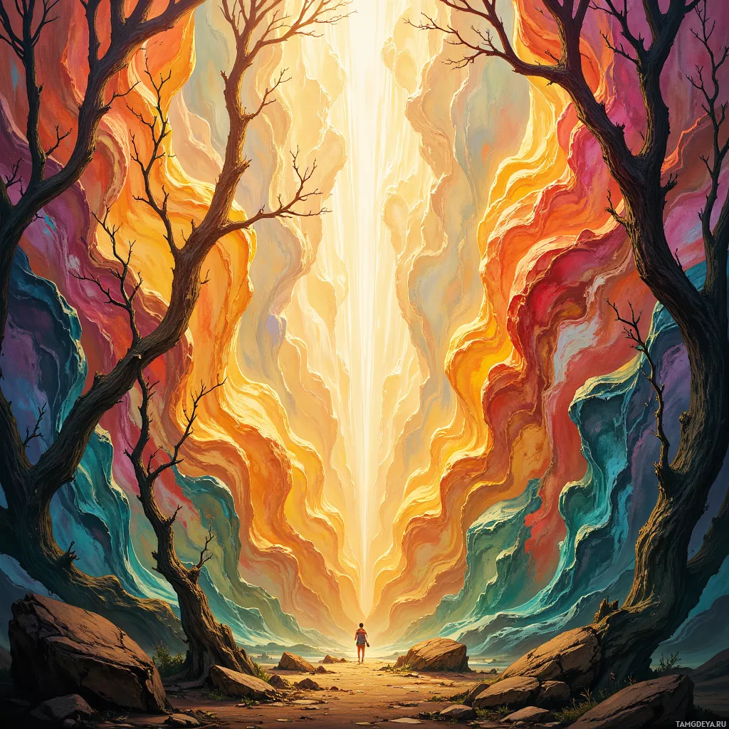 A vibrant, surreal landscape with a person walking towards a bright light at the end of a path.