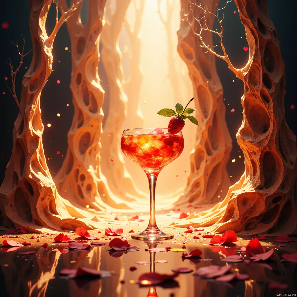 A glass of red drink garnished with a strawberry and mint sits in front of a glowing, cave-like structure with scattered rose petals.