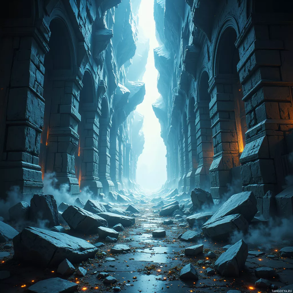 A narrow, ancient stone corridor with arches and debris on the ground leads to a bright light at the end.