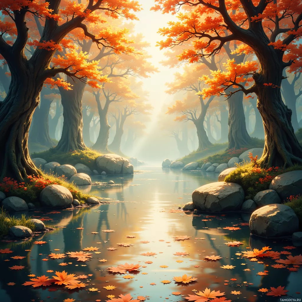 A serene autumn scene with orange-leaved trees reflecting in a calm river.