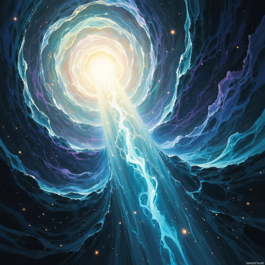 A swirling cosmic vortex with a bright light at its center, set against a starry night sky.