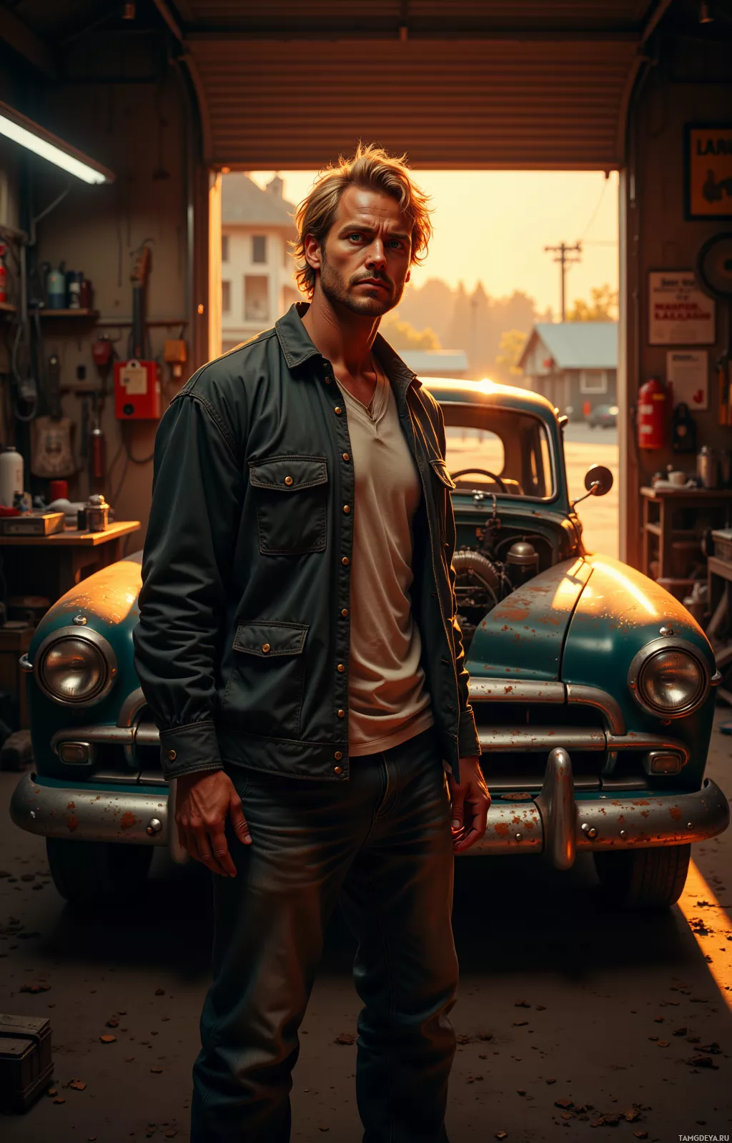 A man stands in a garage with a vintage car in the background.