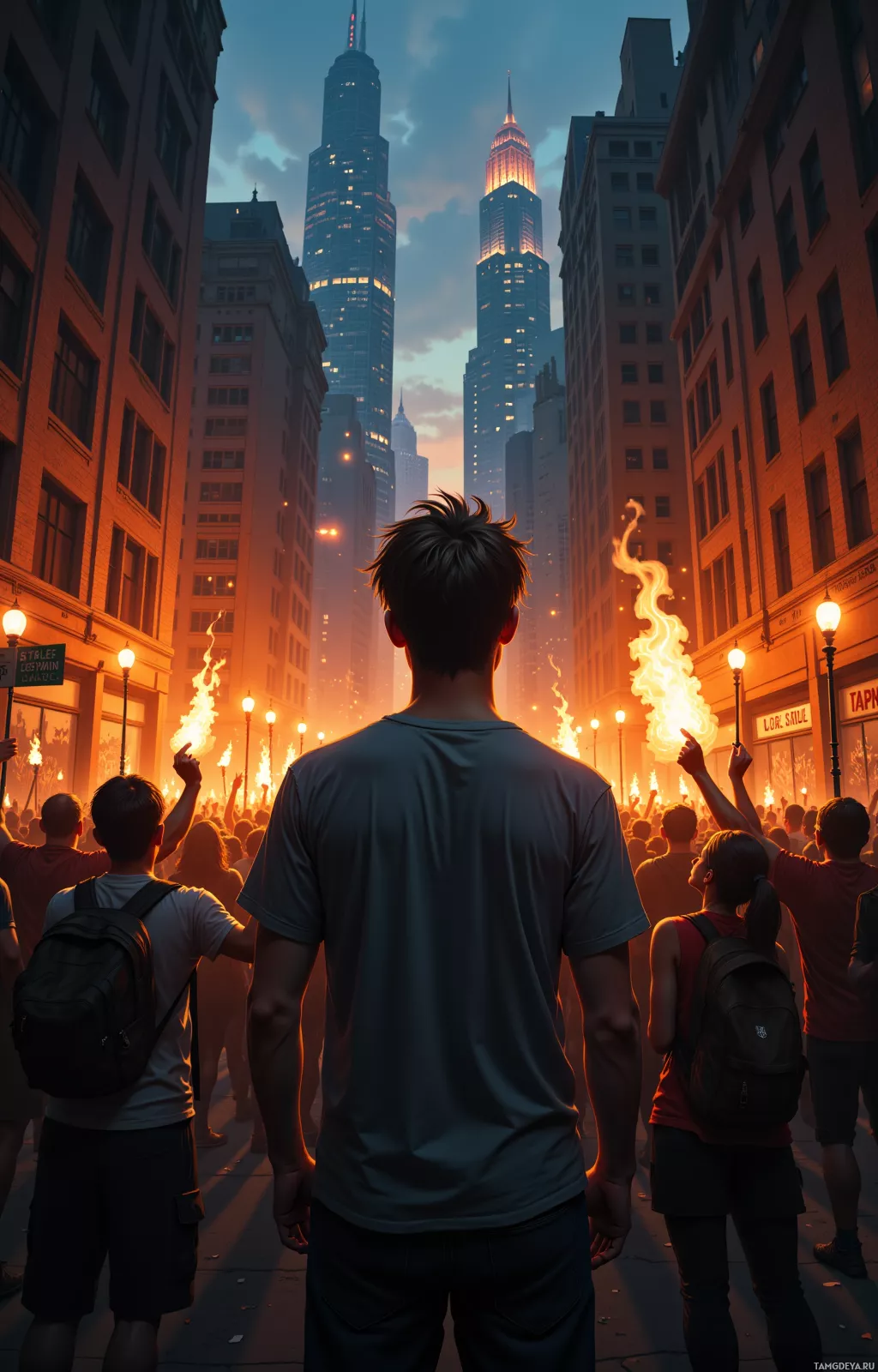A group of people stands in a city street at dusk, with tall buildings and a fiery sky in the background.