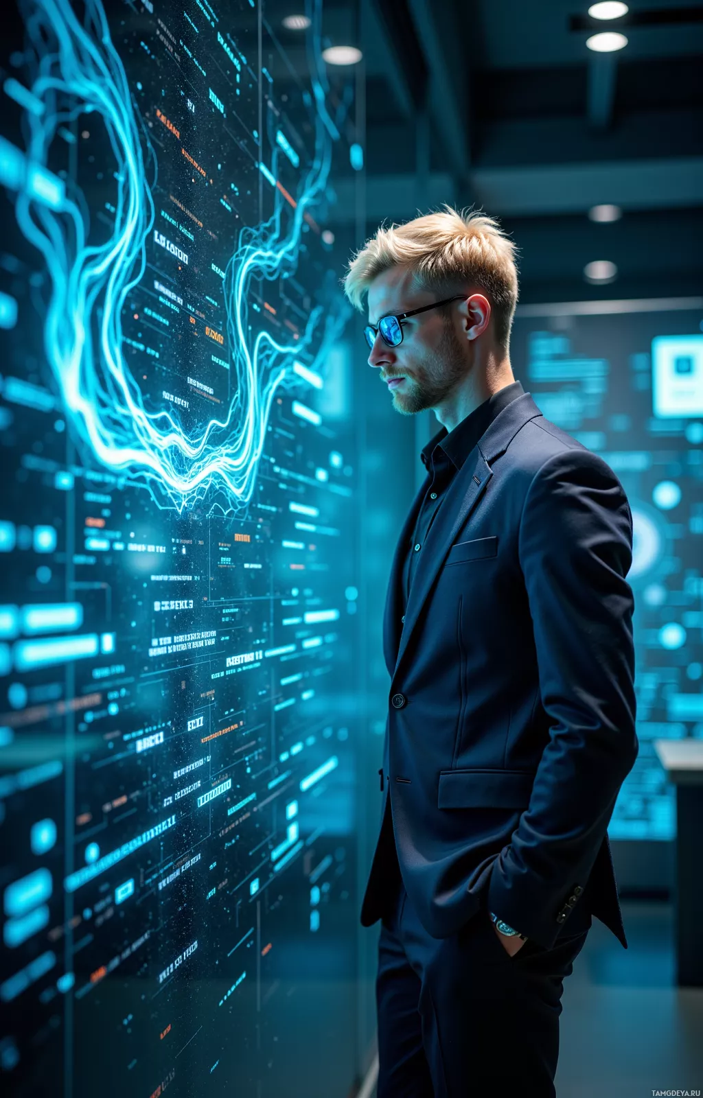 A man in a suit stands in front of a large, illuminated digital display.