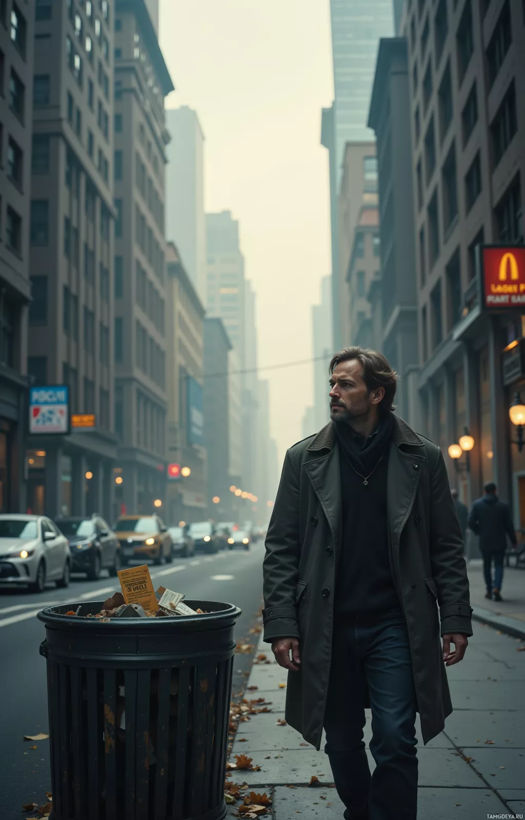 A man in a trench coat walks down a city street past a trash can.