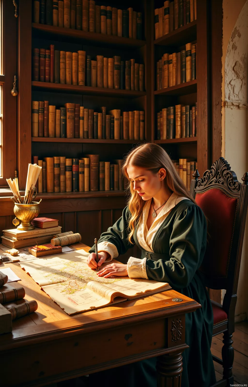 A woman in a historical setting is seated at a desk, writing on a map with a quill pen.