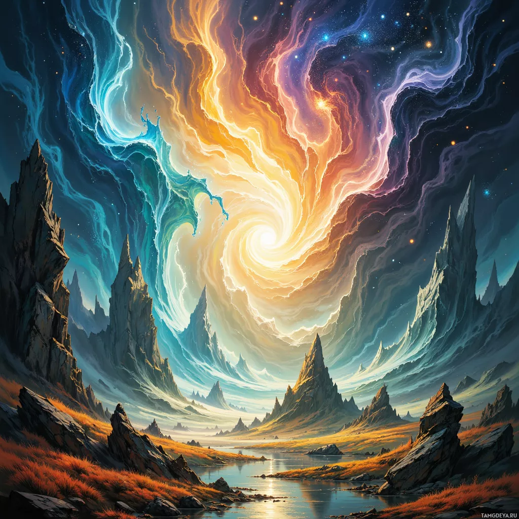 A vibrant, fantastical landscape featuring swirling clouds, towering mountains, and a serene river under a starry sky.