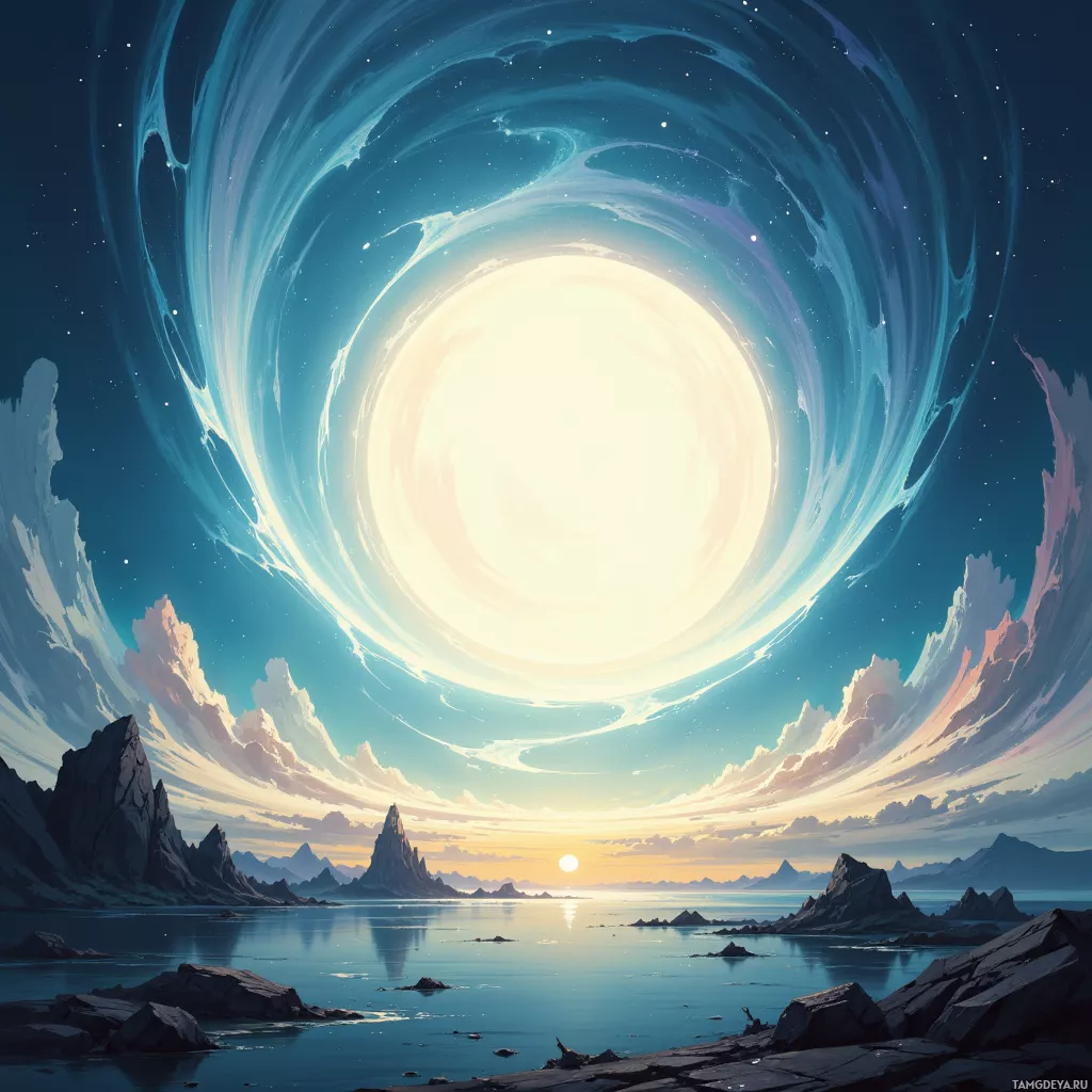 A surreal landscape featuring a swirling celestial body in the sky, with rocky terrain and a calm body of water below.