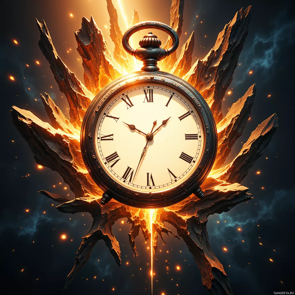 A glowing pocket watch with Roman numerals is encased in fiery, jagged rock against a dark, starry background.