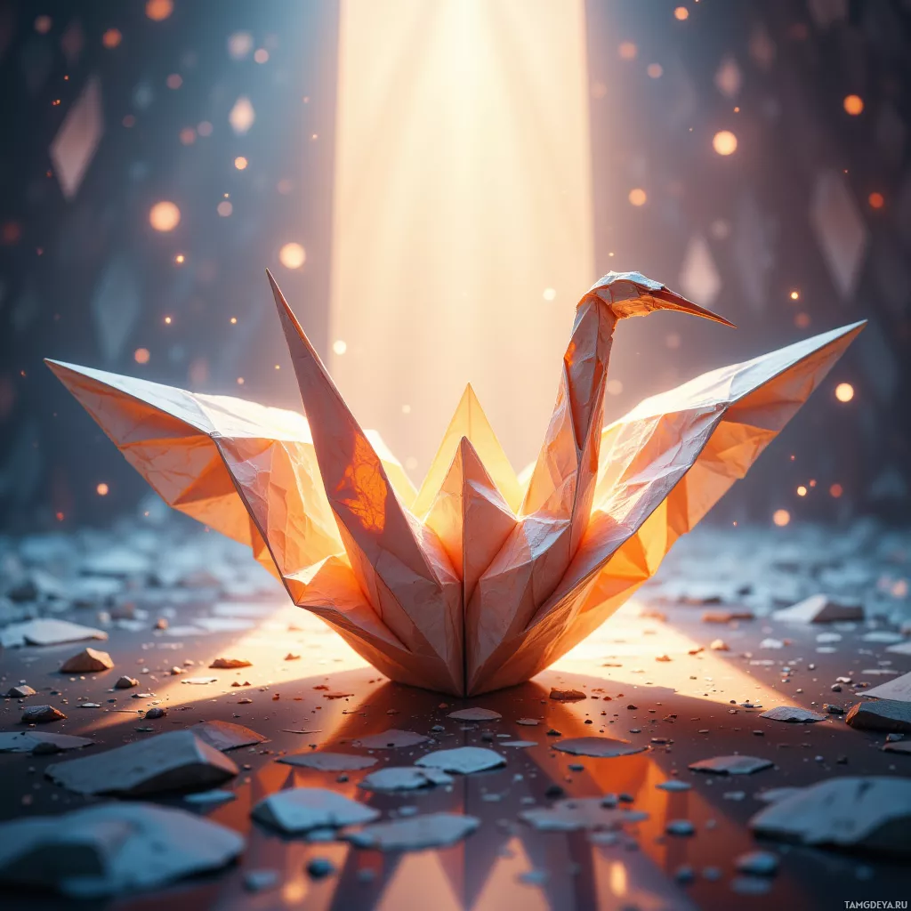 An origami crane stands amidst broken pieces of stone, illuminated by a warm, glowing light.
