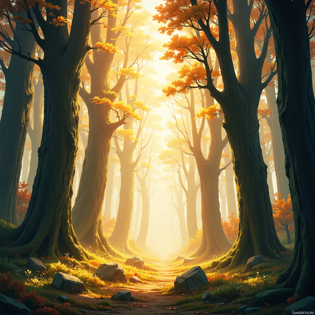 A serene forest scene with tall trees, golden sunlight filtering through, and a path winding through the grassy ground.