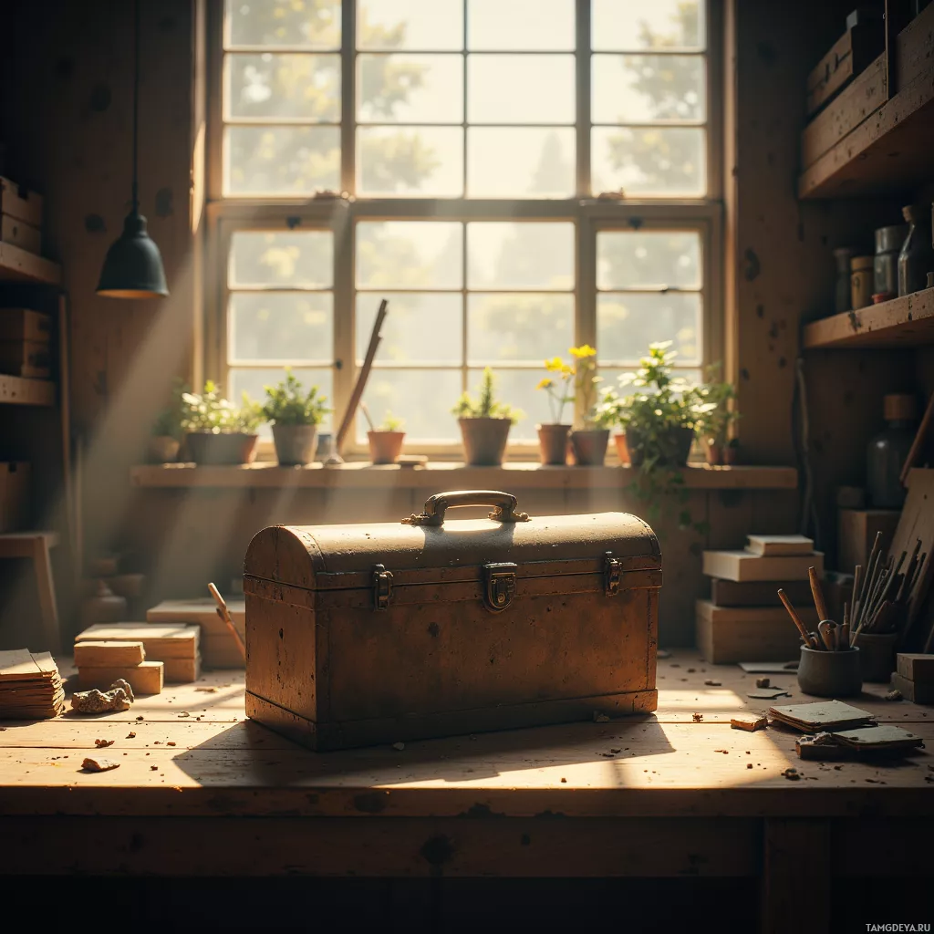 A sunlit workshop with a vintage toolbox on a table, surrounded by shelves and potted plants.