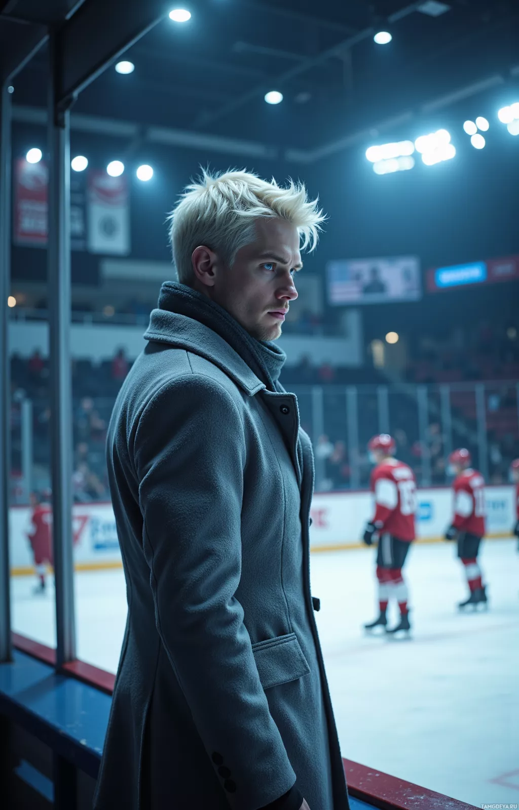 A man in a coat stands on the sidelines of an ice hockey rink, observing the game.