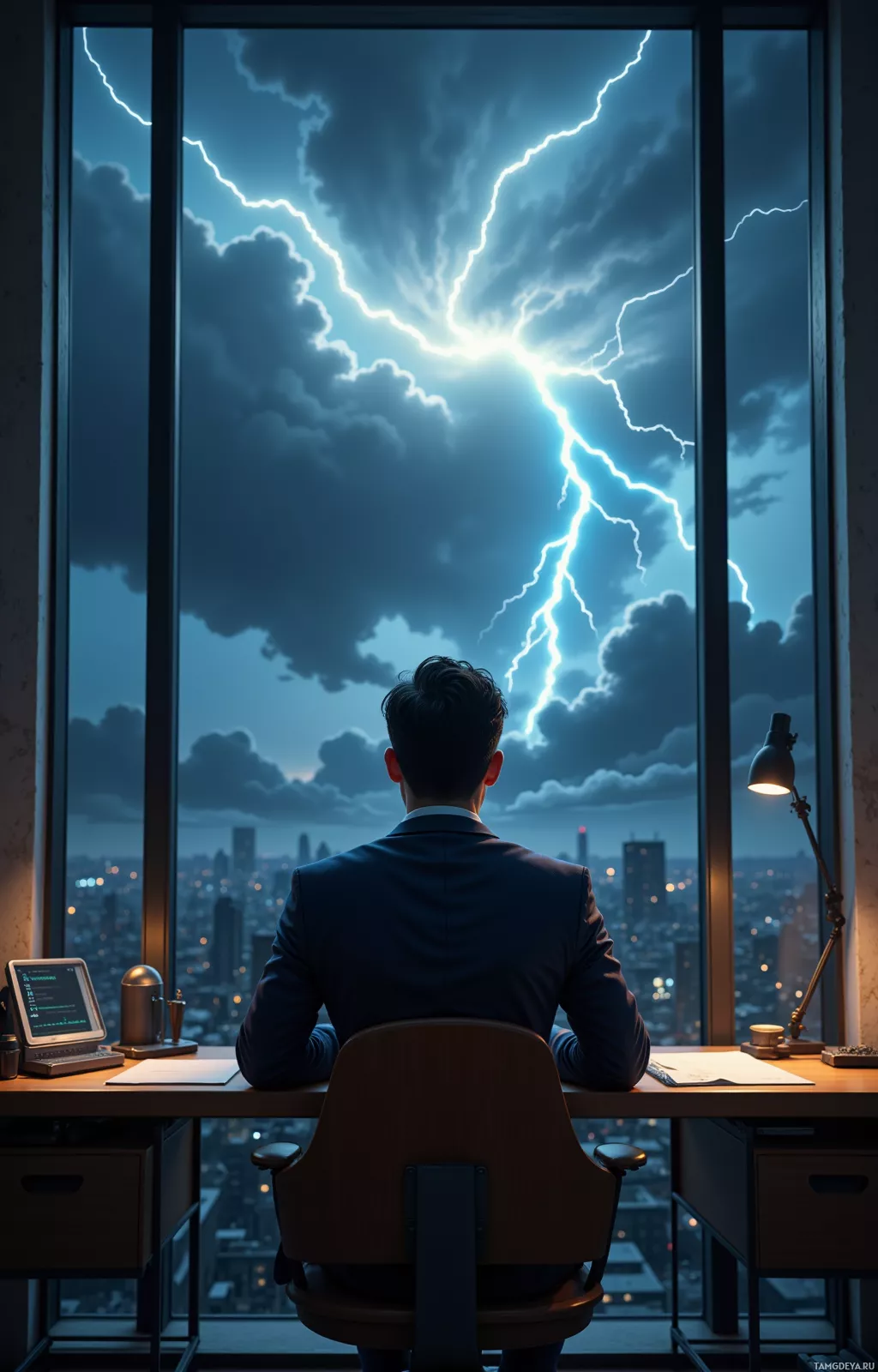 A man in a suit sits at a desk, gazing out a window at a stormy sky with lightning.