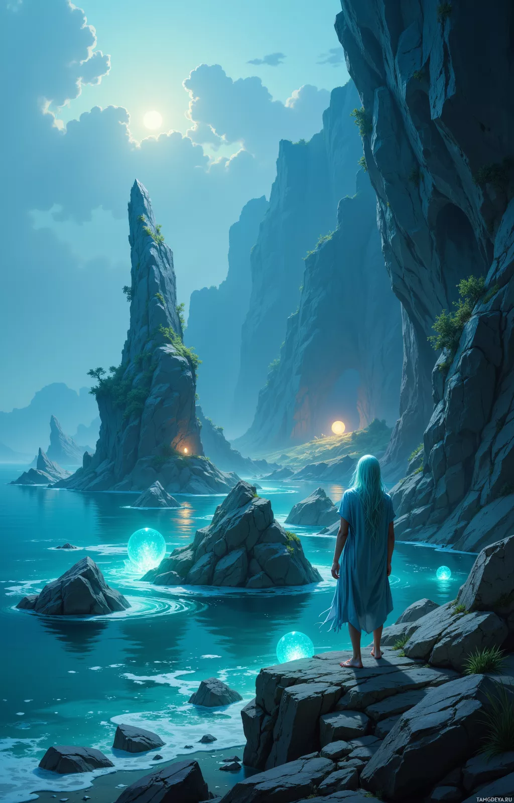A serene scene featuring a person in a blue dress standing on a rocky shore, gazing at a tranquil body of water with glowing spheres floating on its surface, surrounded by towering cliffs and a bright sun in the sky.