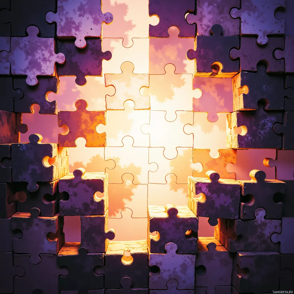 A close-up of a jigsaw puzzle with a gradient of warm colors.