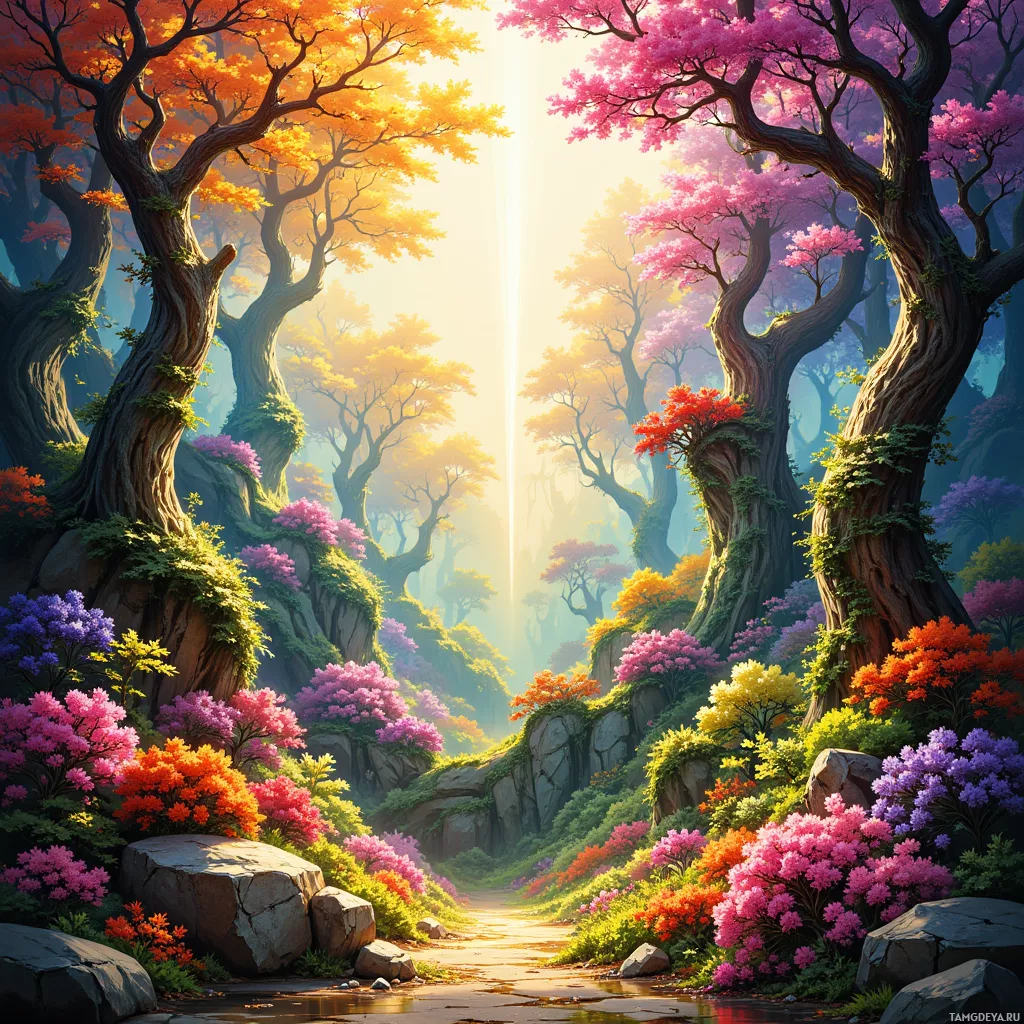 A vibrant, colorful forest scene with tall trees, blooming flowers, and a path leading through the landscape.
