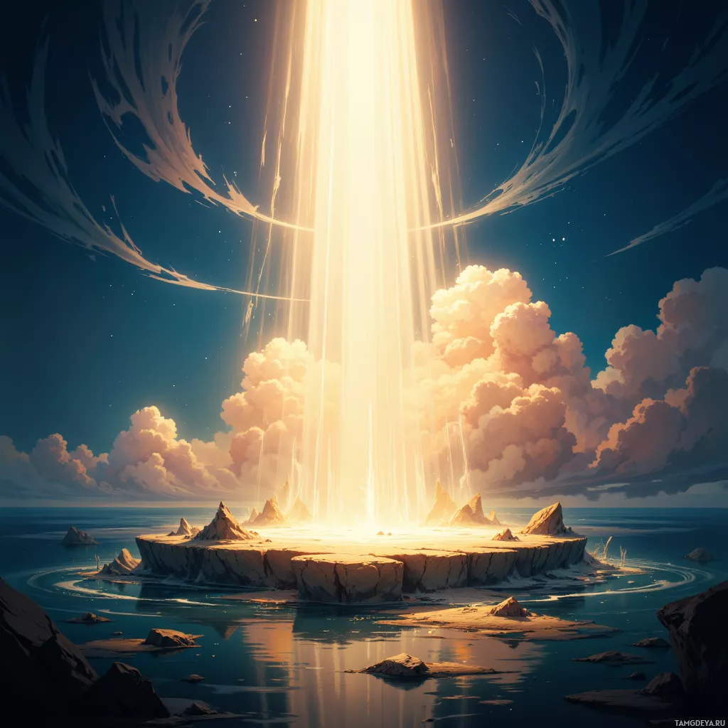 A glowing light beam descends from the sky onto a rocky island surrounded by calm waters.
