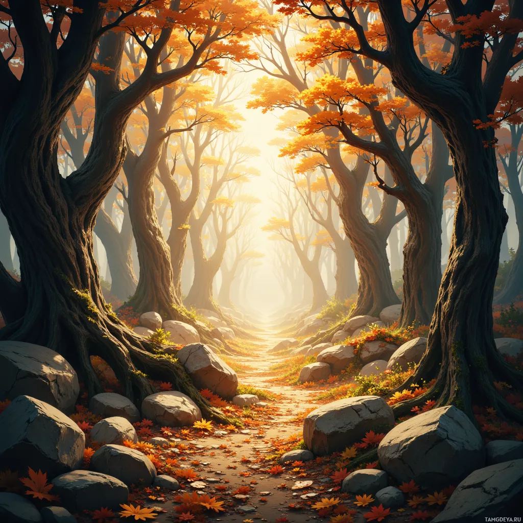 A serene autumn forest with golden leaves and a rocky path leading into the mist.