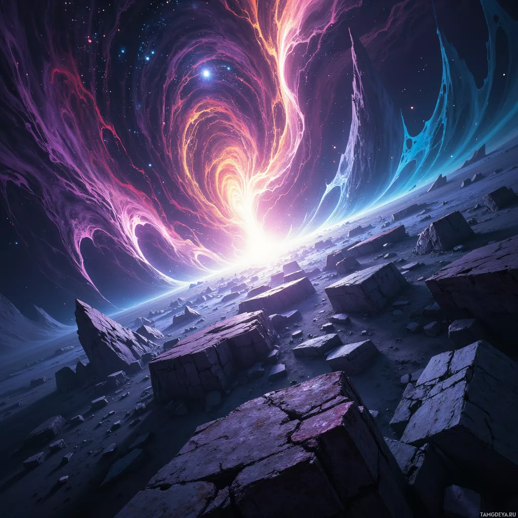 A surreal landscape featuring a cosmic sky with swirling nebulae and a rocky foreground.