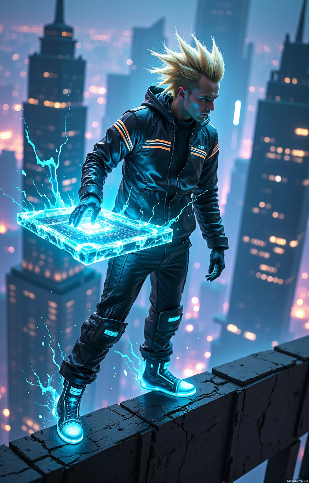 A futuristic character stands on a rooftop, holding a glowing, electrified device, with a cityscape in the background.