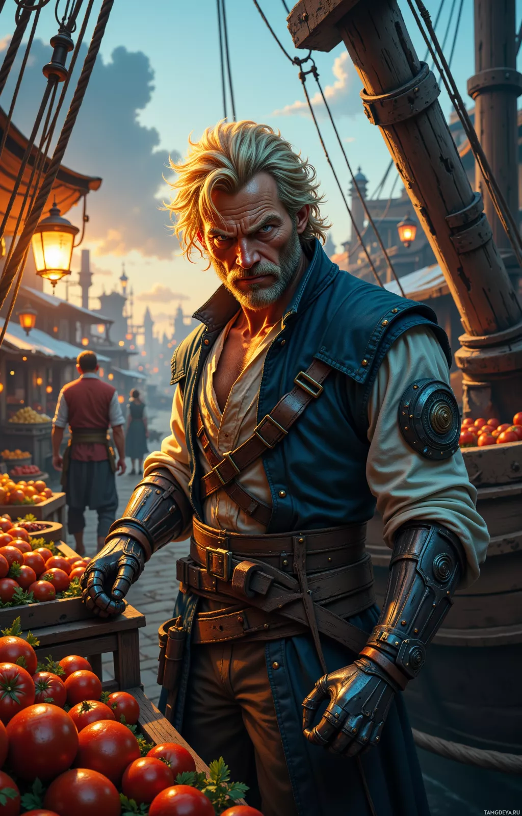 A man in a medieval-style outfit stands near a market stall with tomatoes, set against a backdrop of a bustling town and ships.
