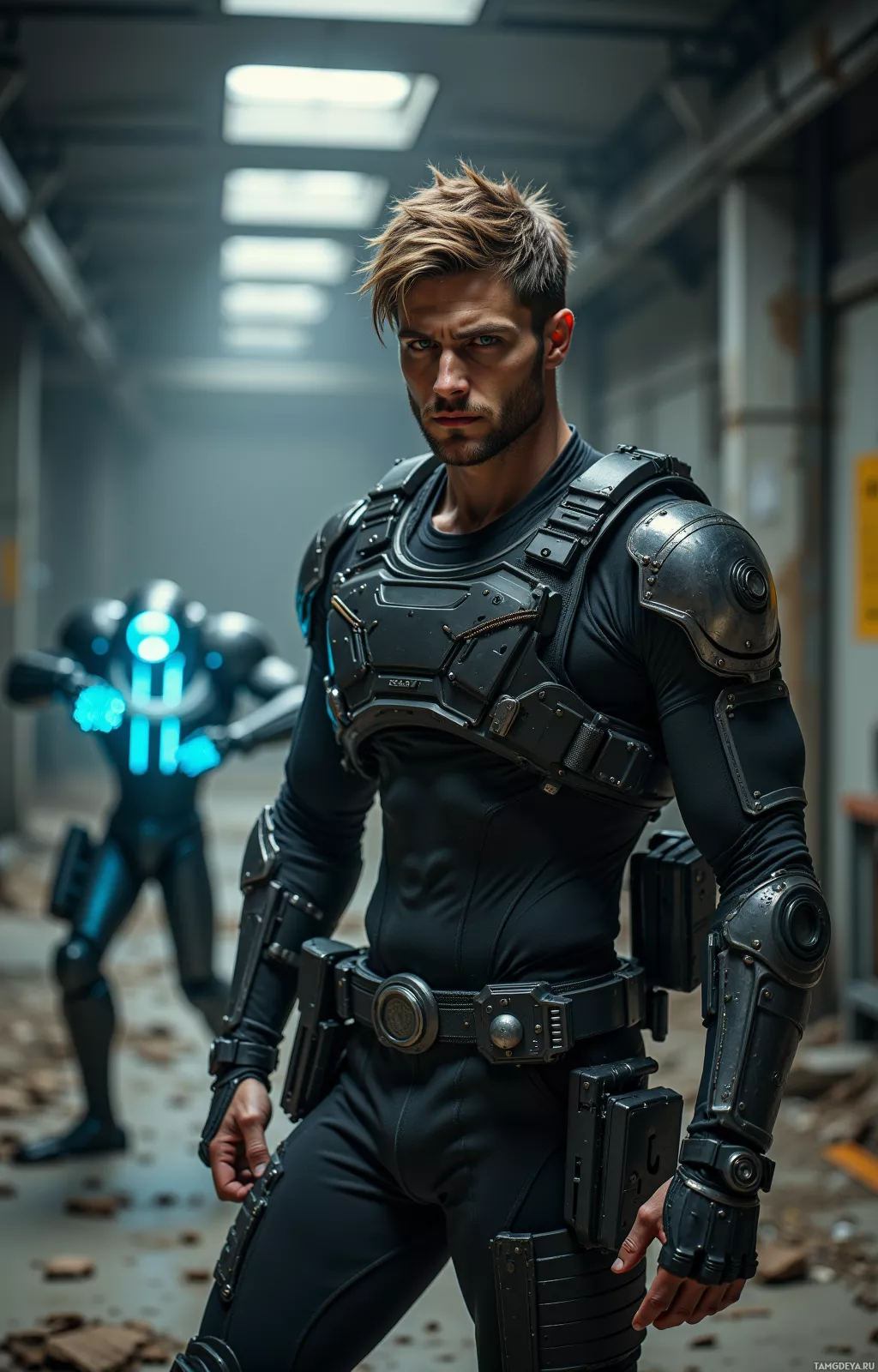 A person in futuristic armor stands in a dimly lit industrial setting.