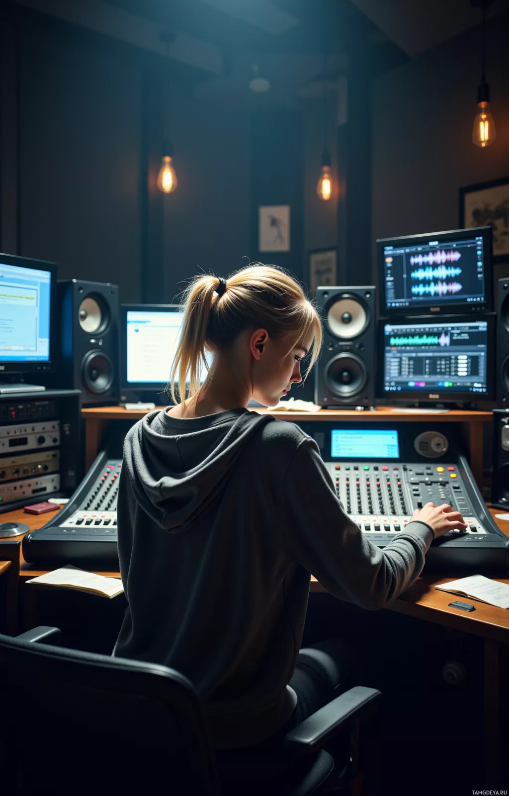 A person is working at a mixing console in a dimly lit recording studio.