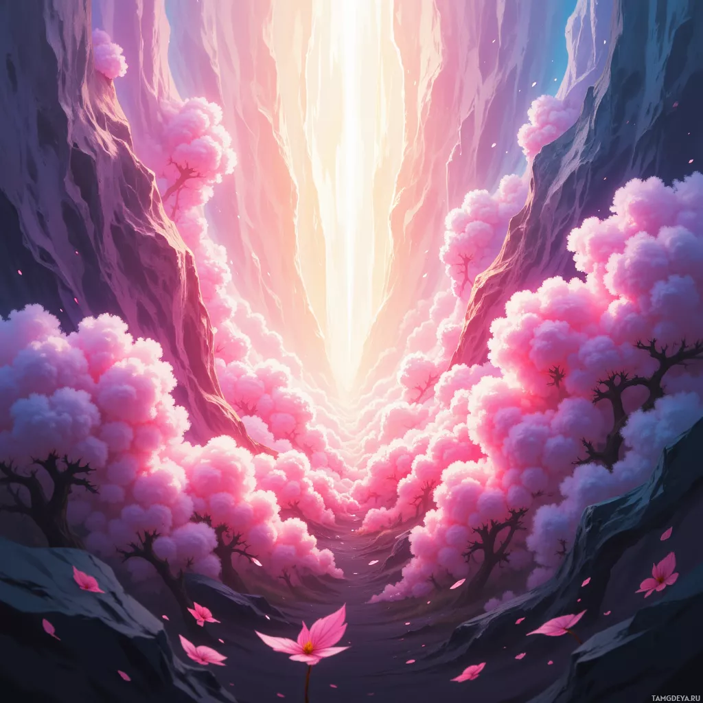A serene, ethereal landscape featuring a glowing light source at the center, surrounded by pink blossoms and towering cliffs.