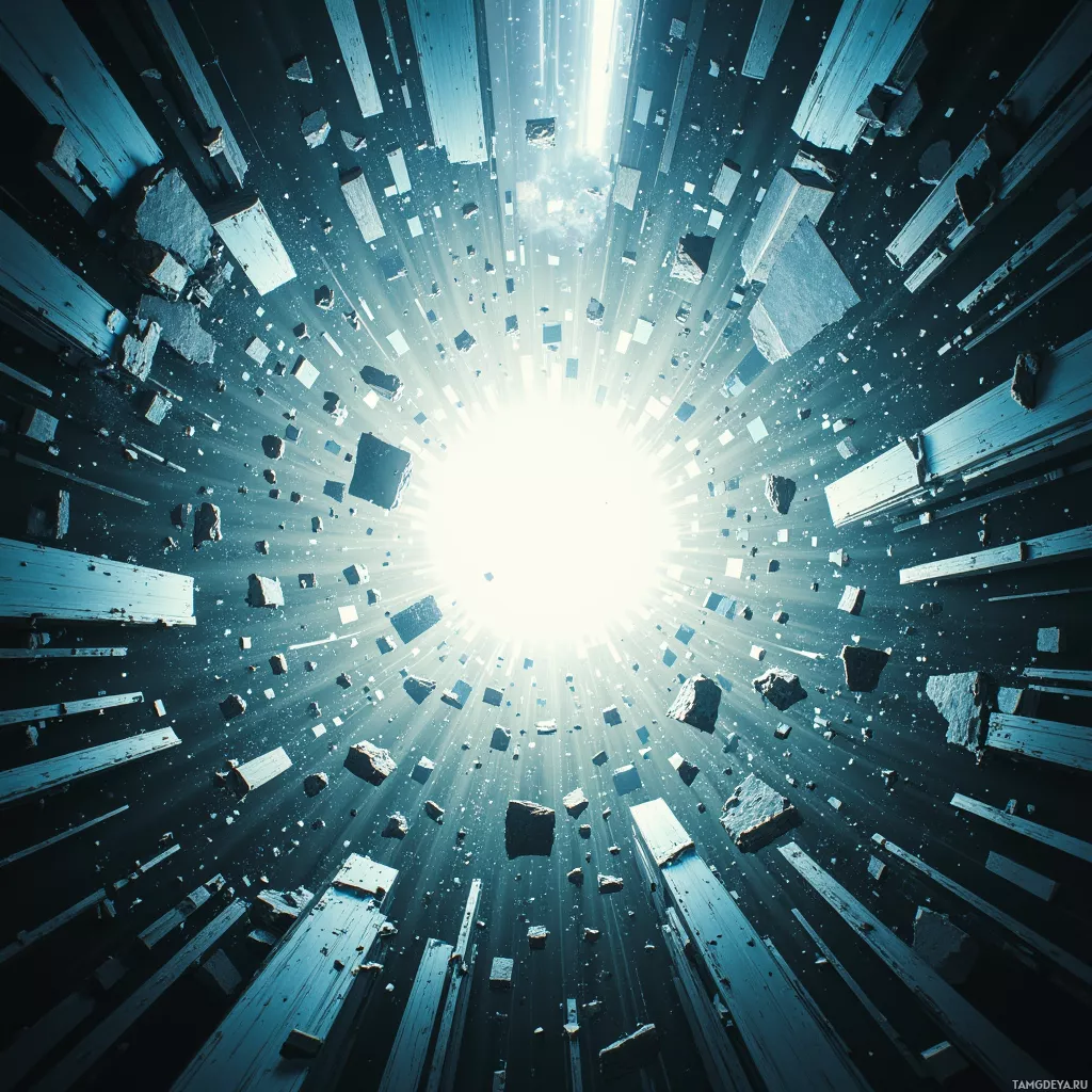 A cosmic scene with floating debris and radiant light beams converging towards a bright center.