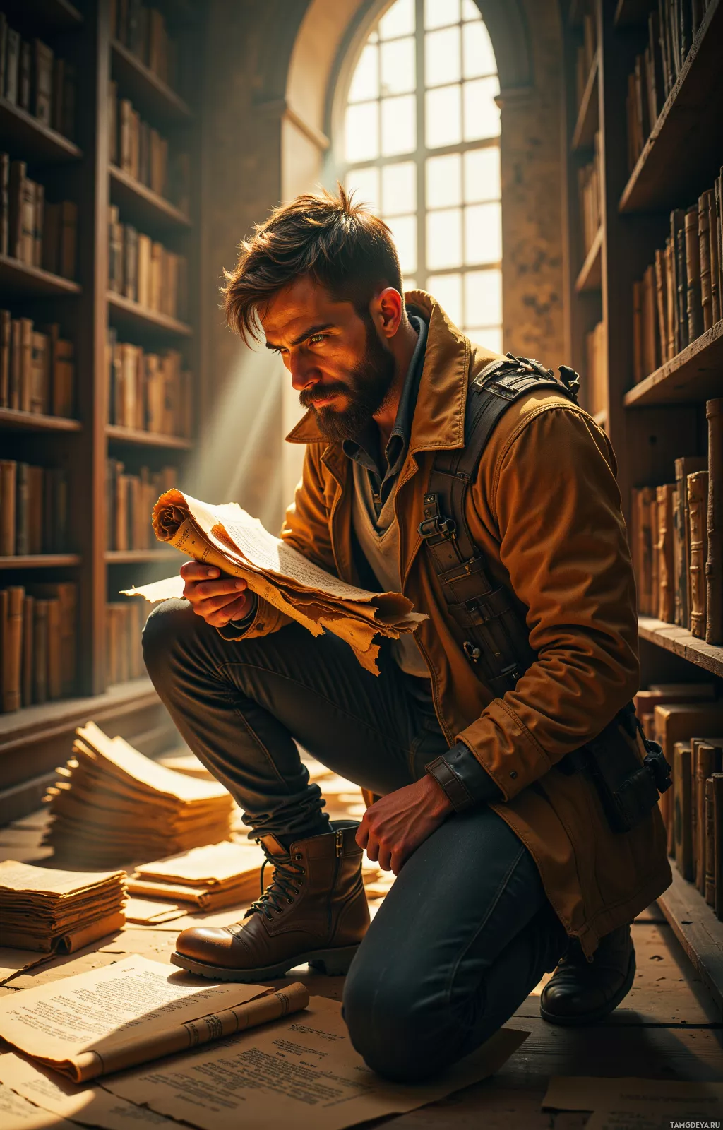 A man crouches in a library, reading an open book with sunlight streaming through the window.