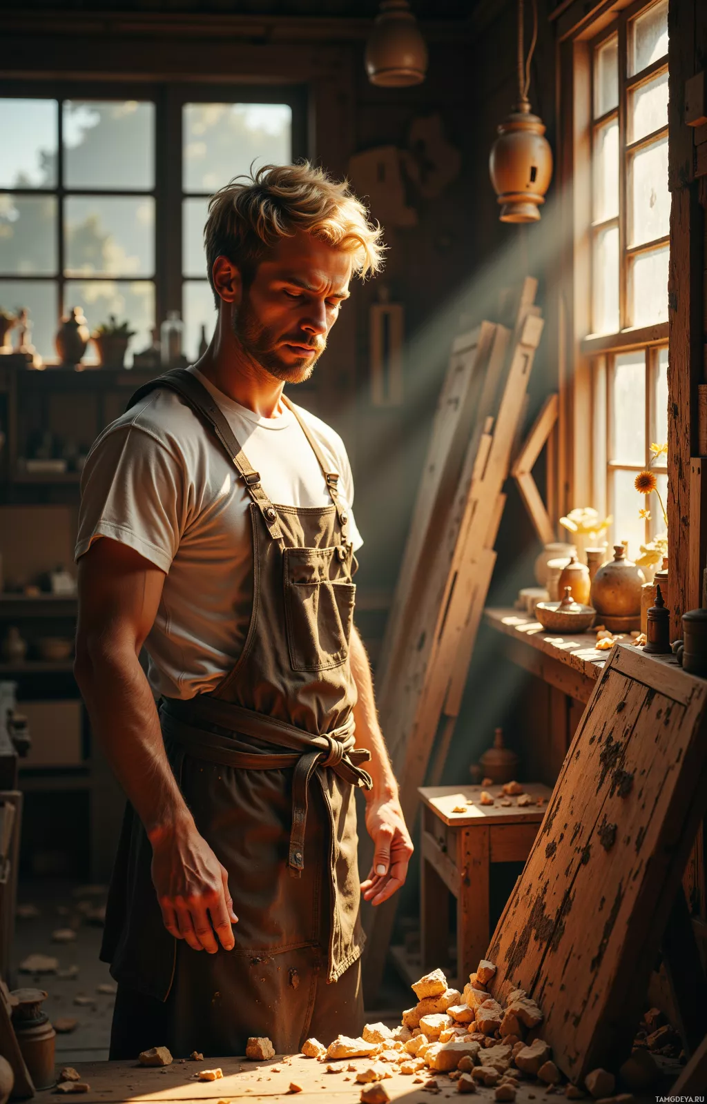 A man in an apron stands in a workshop with sunlight streaming through a window.